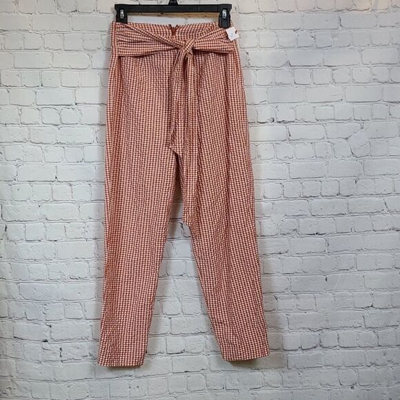 Free People West Side Tie Orange Gingham Check Seersucker Taper Leg Cropped Pant - Picture 12 of 12
